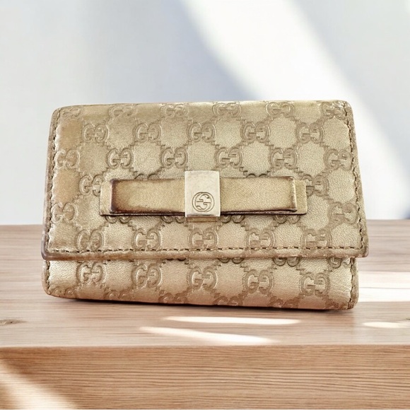 Gucci Handbags - Authentic GUCCI Micro GG Bow Guccisima Champagne Gold Leather Card Key Holder